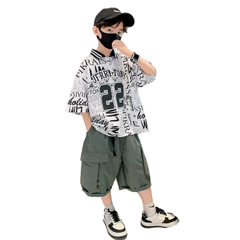 комплект из 2 предметов, летняя одежда для мальчиков-подростков в корейском стиле, детские футболки + короткие брюки, комплект одежды для мальчиков, топ для 6-14 лет